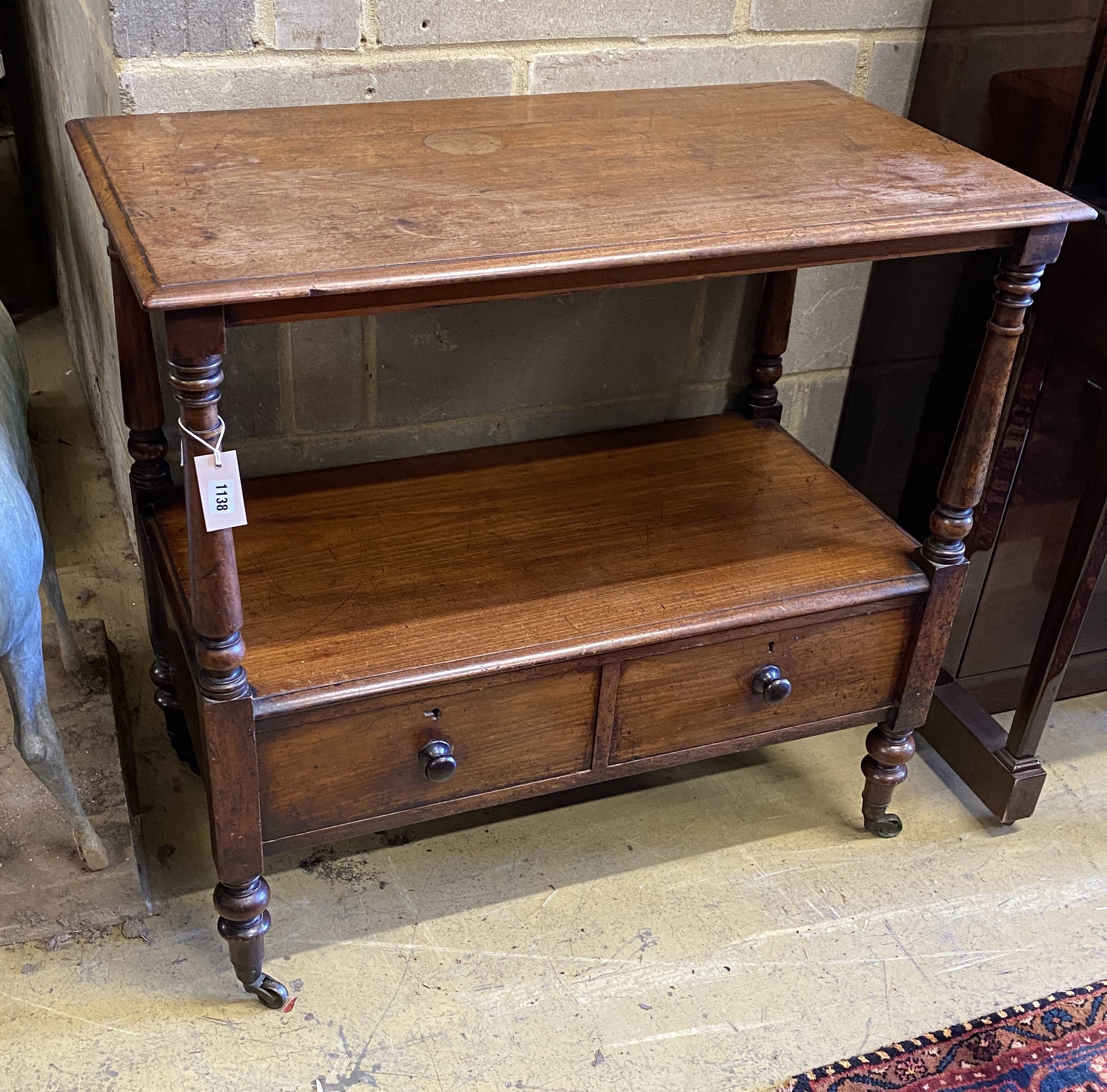 A Victorian mahogany two tier buffet, marked S B Clark, Portland Place, width 91cm, depth 50cm, height 87cm